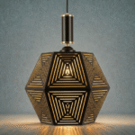 Industrial Polyhedron Hanging Lamp with Concentric Cutouts and Gold Interior - Image 2