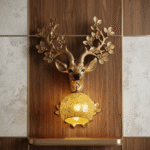 Antique Gold Deer Head Wall Sconce with Amber Crackle Glass Globe - Image 2