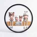 Circular LED Halo Ring Wall Sconce with Wooden Shelf & 4 Hanging-Leg Figurines