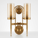 Modern 2-Light Brushed Gold Torch Wall Sconce with Fluted Amber Glass Cylinders