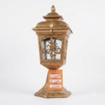 Antique Gold Filigree Scrollwork Gate Pillar Light – Textured Glass Lantern (E27)