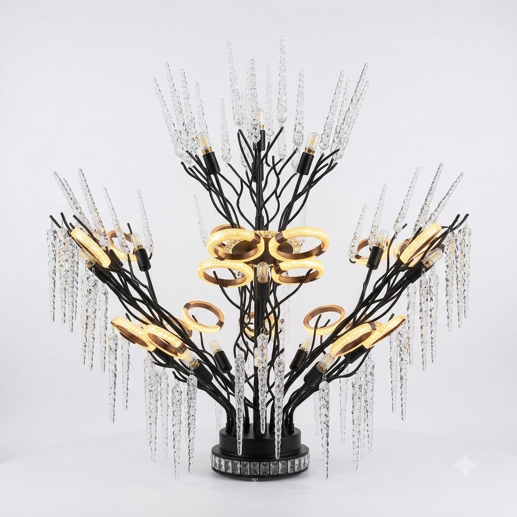 pomelli_photoshoot-1_3 Grand Cascading Crystal Icicle Stalactite Chandelier – Black & Gold Ring Frame - Image 1