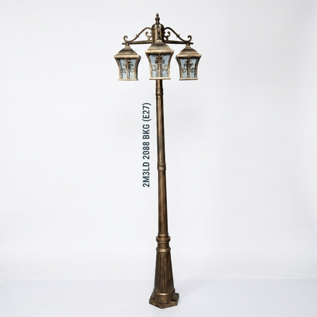 pomelli_photoshoot-1_30 2M 3-Light Downward Hanging Victorian Street Lamp Post – Antique Gold Patina (E27) - Image 1