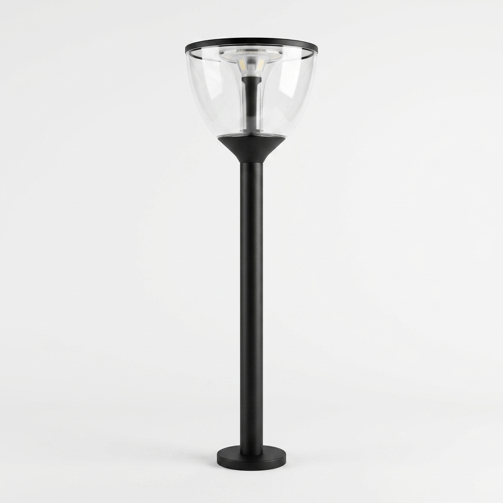 pomelli_photoshoot-1_4 Modern Funnel Head LED Garden Bollard Light – Clear Acrylic & Matte Black Post - Image 1