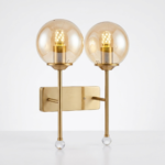 Modern 2-Light Brushed Brass Torch Wall Sconce with Amber Glass Spheres