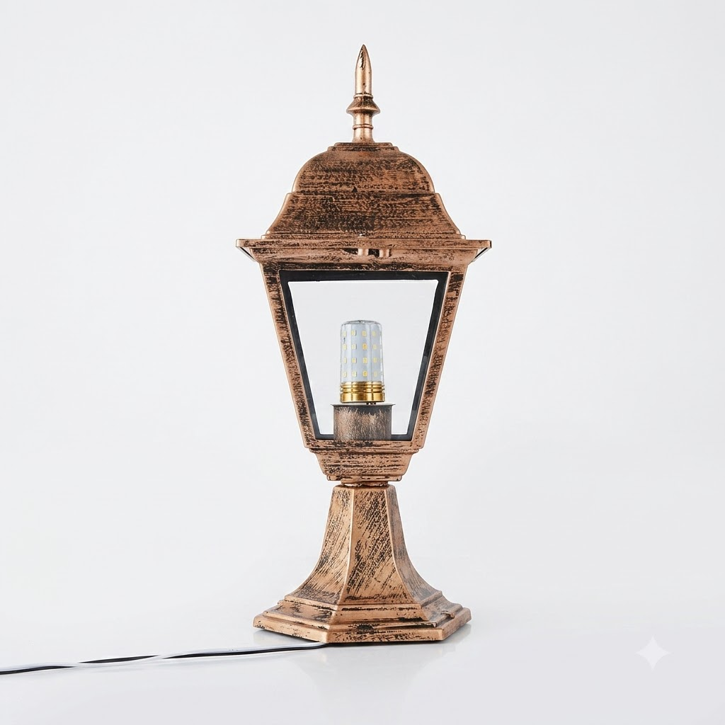 pomelli_photoshoot-1_4 Antique Brass Inverted Trapezoid Outdoor Gate Pillar Light – Clear Glass (E27) - Image 1