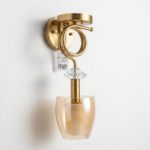 Modern Brushed Gold Loop Wall Sconce with Faceted Diamond Crystal & Amber Glass Shade