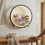 Circular LED Halo Ring Wall Sconce with Wooden Shelf & 4 Hanging-Leg Figurines - Image 2
