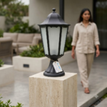 Classic Hexagonal Frosted Glass Gate Pillar Light – Matte Black Cast Aluminum (E27) - Image 2