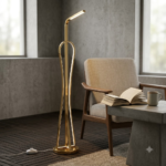 Modern Polished Gold Lyre / Harp LED Floor Lamp – Sculptural Minimalist Standing Light - Image 2