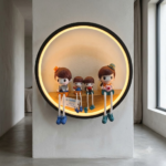 Circular LED Wall Light with Wooden Shelf & 4 Gardener Kids Figurines (Model 1128) - Image 2