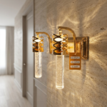 Luxury 2-Light Gold Lattice Vanity Wall Sconce with Seeded Bubble Crystal Rods - Image 2
