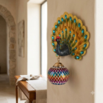 Grand Jeweled Golden Peacock Wall Sconce with Harlequin Diamond Turkish Mosaic Globe - Image 2