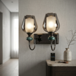 Modern 2-Light Smoked Tulip Glass Vanity Sconce with Emerald Marble Beads - Image 2