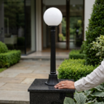 Classic Frosted Opal Globe Outdoor Garden Post Light – Matte Black Column - Image 2