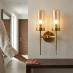 Modern 2-Light Brushed Gold Torch Wall Sconce with Fluted Amber Glass Cylinders - Image 2