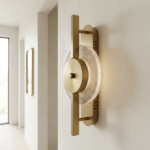 Modern Linear Gold Bar LED Wall Sconce with Faceted Crystal Disc Diffuser - Image 2