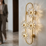 Modern Gold Track Wall Sconce with 4 Faceted Crystal Sunburst Rosettes - Image 2