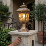 Antique Gold Filigree Scrollwork Gate Pillar Light – Textured Glass Lantern (E27) - Image 2