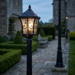 2M Victorian Outdoor Street Lamp Post with Filigree Scroll Glass Lantern – Matte Black (E27) - Image 2