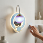 Celestial Crescent Moon & Star LED Wall Light with Purple Ribbed Globe - Image 2