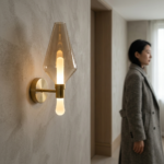 Modern Diamond Amber Glass Torch LED Wall Sconce - Satin Gold Base - Image 2