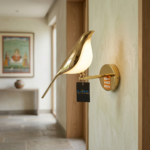 Modern Polished Gold Perched Bird LED Wall Sconce - Glowing Acrylic Body - Image 2