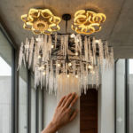 Grand Cascading Crystal Icicle Stalactite Chandelier – Black & Gold Ring Frame - Image 2
