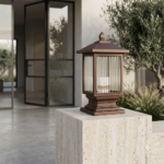 Deep Bronze Fluted Ribbed Glass Outdoor Pillar Light – Square Pedestal Lantern (E27) - Image 2