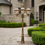 2M 3-Light Downward Hanging Victorian Street Lamp Post – Antique Gold Patina (E27) - Image 2