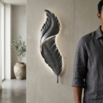 Modern Charcoal Gunmetal Feather LED Wall Sconce - Silver/White Backlight - Image 2