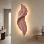 Soft Blush Pink Sculptural Feather LED Wall Sconce - Gold Trim - Image 2