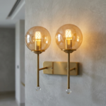 Modern 2-Light Brushed Brass Torch Wall Sconce with Amber Glass Spheres - Image 2