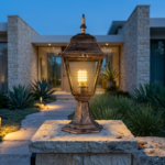 Antique Brass Inverted Trapezoid Outdoor Gate Pillar Light – Clear Glass (E27) - Image 2