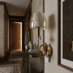Modern Brushed Gold Loop Wall Sconce with Faceted Diamond Crystal & Amber Glass Shade - Image 2