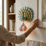 Grand Jeweled Royal Peacock 3D Wall Sculpture with Turkish Mosaic Globe - Image 2