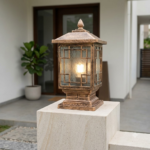 Antique Gold Geometric Fretwork Grid Gate Pillar Light – Textured Glass (E27) - Image 2