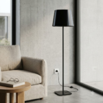 Modern Minimalist Matte Black Floor Lamp with Weighted Square Base & Black Drum Shade - Image 2