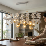 Linear Crystal Flower Blossom & Amber Glass Globe Island Chandelier - Image 2