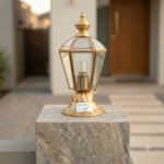 Luxury Satin Brass Hexagonal Gate Pillar Light with Textured Stipple Glass - Image 2