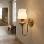 Classic Polished Brass Swan-Neck Wall Sconce with Frosted Glass Shade - Image 2