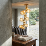 Modern 10-Light Asymmetrical Branching Amber Glass Globe Chandelier – Brushed Brass - Image 2