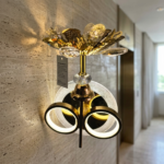 Modern Dual Halo Ring LED Wall Sconce with Crystal Lotus Crown - Image 2