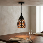 Matte Black Teardrop Pendant Light with Laser-Cut Sunburst Lattice Pattern - Image 2