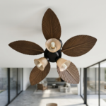 Tropical Palm Leaf Ceiling Fan with 3 Amber Glass Light Shades - Image 2