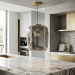 Modern Smoky Grey Capsule Glass Pendant Light with Brushed Brass Hardware - Image 2