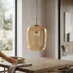 Modern Amber Tinted Glass Capsule Pendant Light with Brushed Gold Canopy - Image 2