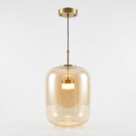 Modern Amber Tinted Glass Capsule Pendant Light with Brushed Gold Canopy