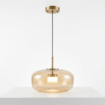Modern Amber Glass Saucer Pendant Light - Brushed Brass Hanging Lamp