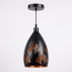 Matte Black Teardrop Metal Pendant Light with Laser-Cut Botanical Fan Motifs